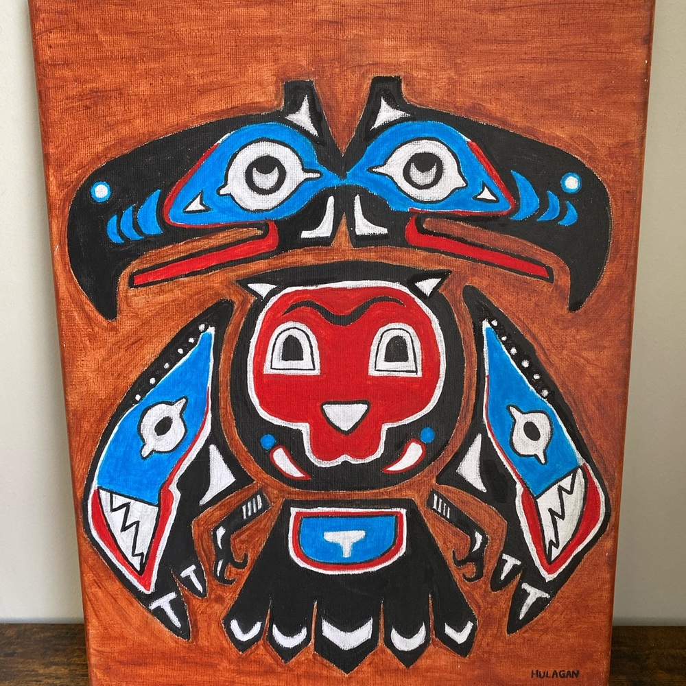 Native Acrylic Totem Painting in Red, Blue & Black (14x11)